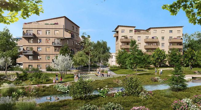 Deux immeubles résidentiels modernes entourés de verdure et d'un plan d'eau, sous un ciel bleu clair.