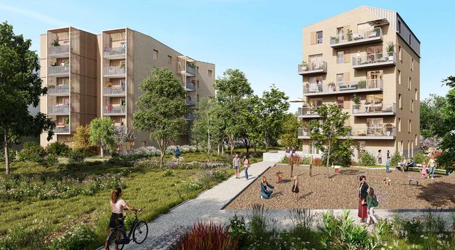 Projet immobilier résidentiel avec bâtiments modernes entourés de verdure et plans d'eau.