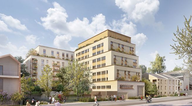 Immeuble résidentiel moderne aux façades jaunes et grises avec arbres et ciel nuageux.