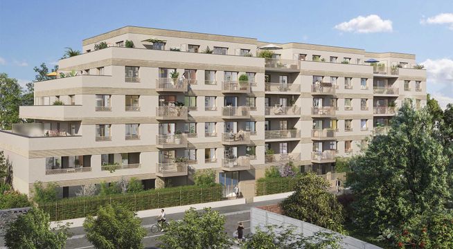 Immeuble résidentiel moderne de six étages avec balcons, façade beige, entouré de verdure.