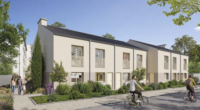 Bâtiment moderne de trois étages aux façades claires, entouré de verdure et de piétons.
