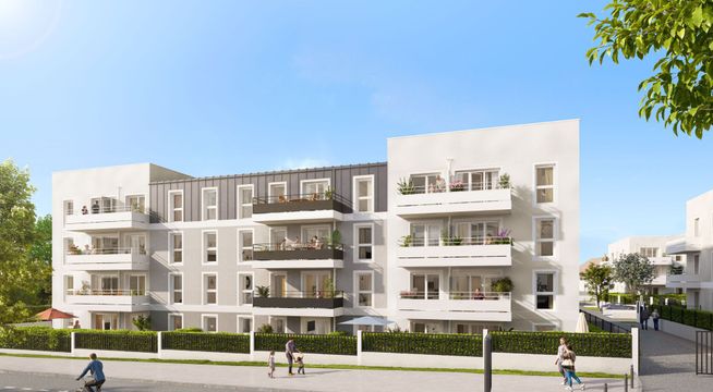 Immeuble résidentiel moderne à façade beige avec balcons, entouré de verdure et voirie.