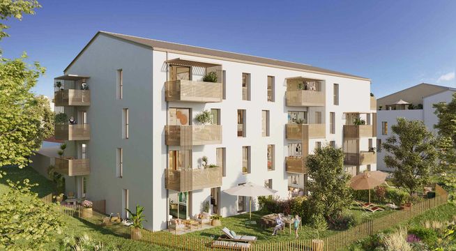 Immeuble résidentiel moderne aux façades gris et beige avec balcons, entouré de verdure et ciel bleu.