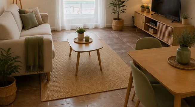 Salon lumineux avec canapé gris, porte-fenêtre centrale, bureau en bois et téléviseur, sol en carrelage beige.