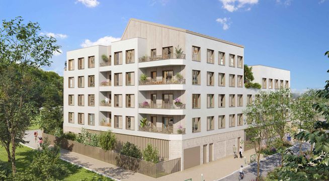 Immeuble résidentiel moderne aux façades beige et blanc, avec balcons, entouré de verdure.