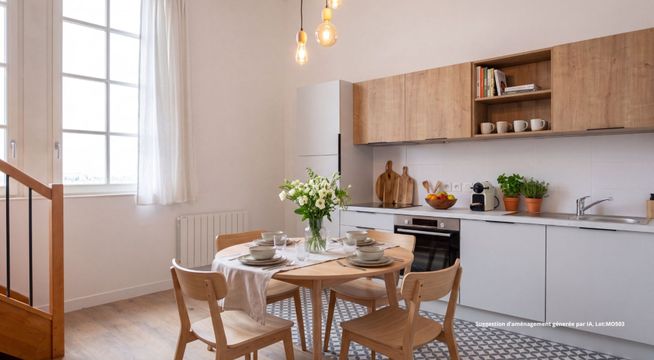 Cuisine moderne avec table en bois, chaises, appareils blancs et suspensions lumineuses au-dessus.