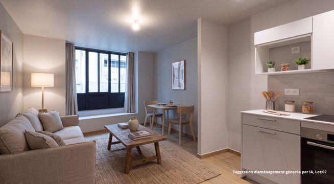 Salon lumineux avec canapé beige, table basse en bois, baies vitrées et mobilier blanc moderne.