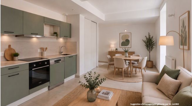 Cuisine moderne aux armoires vertes, ouverte sur un salon lumineux avec mobilier beige et parquet clair.