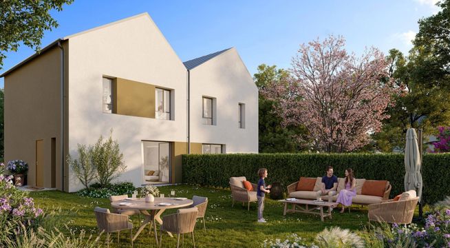 Maison moderne cubique blanche avec terrasse, entourée d'arbres et de verdure sous ciel bleu dégagé.