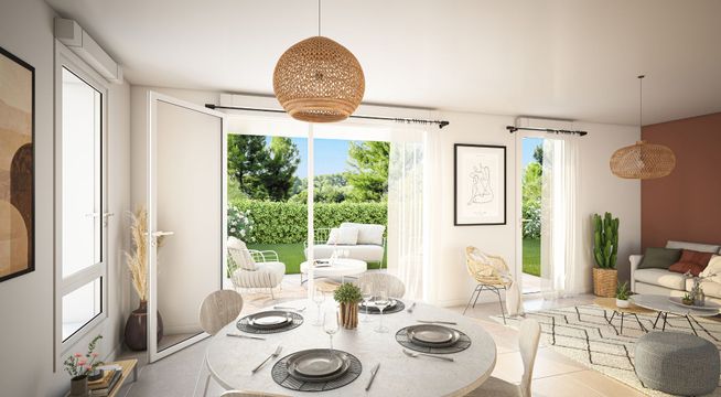 Cuisine moderne lumineuse avec îlot central, baies vitrées donnant sur jardin et mobilier épuré.