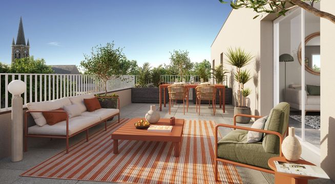 Terrasse en bois avec mobilier moderne, vue sur jardin et ciel bleu dégagé