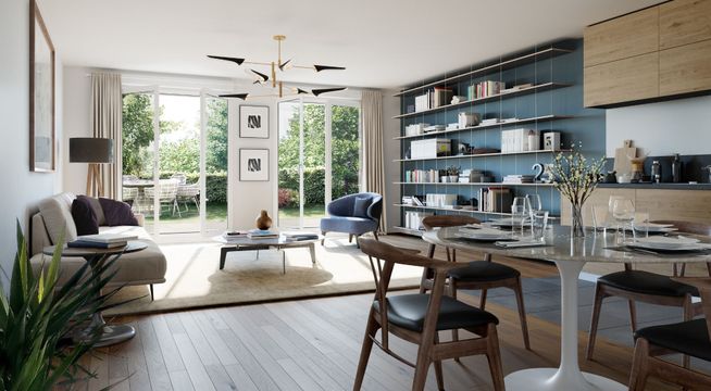 Bureau moderne avec espace de travail, étagères intégrées et portes-fenêtres donnant sur jardin