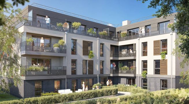 Immeuble résidentiel moderne avec façade jaune et grise, jardins paysagés au pied, ciel dégagé.