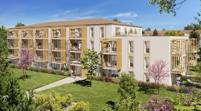Résidence moderne de quatre étages avec façade jaune et blanche, entourée d'espaces verts et de jardins fleuris.