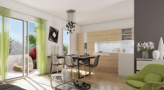 Chambre d'enfant moderne avec bureau, lit en bois, rangements intégrés et accès direct à la terrasse