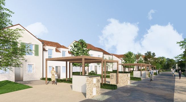 Maison moderne avec façade blanche et bois, terrasse pavée et jardin paysagé sous ciel dégagé.