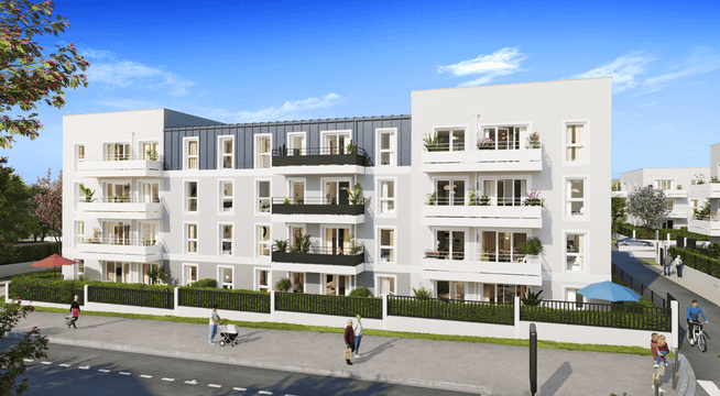 Immeuble résidentiel moderne avec façade blanche et balcons, entouré de verdure et ciel bleu dégagé.