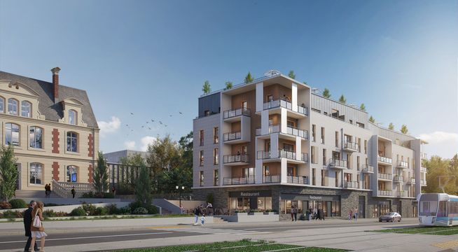 Immeubles résidentiels modernes aux façades variées bordant une place urbaine avec circulation.