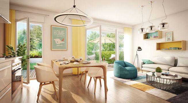 Cuisine ouverte et lumineuse avec îlot central, mobilier bois clair et accès à la terrasse.