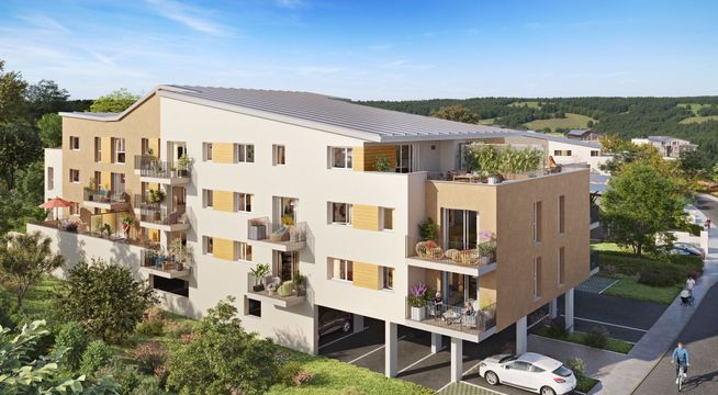 Immeuble résidentiel moderne avec terrasses, entouré de verdure.