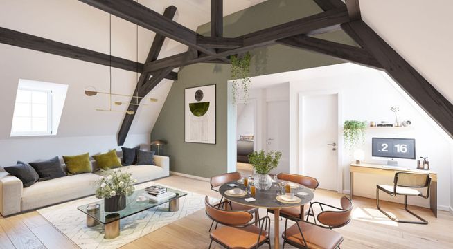 Salon moderne avec poutres apparentes, canapé gris clair, table basse en bois et grandes fenêtres.