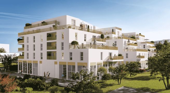 Immeubles résidentiels modernes aux façades blanches avec jardins paysagés sous ciel bleu dégagé.