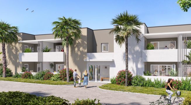 Résidence moderne aux façades claires avec palmiers, jardins paysagers et allées résidentielles.