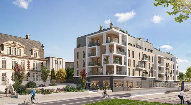 Ensemble immobilier urbain avec bâtiments haussmanniens et construction moderne, espaces verts au premier plan.