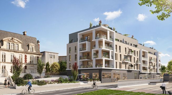 Immeubles haussmanniens et modernes en pierre de taille, bordant une place avec espaces verts et ciels dégagés.