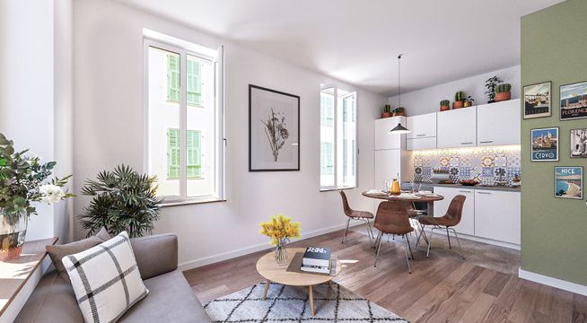 Studio moderne avec salon lumineux, murs blancs et accents verts, mobilier confortable et fenêtre naturelle.