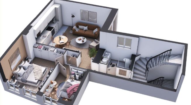 Plan 3D d'un appartement deux pièces avec cuisine ouverte et salle de bain