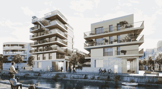 Deux bâtiments modernes aux façades échelonnées dominant un canal urbain par temps gris.