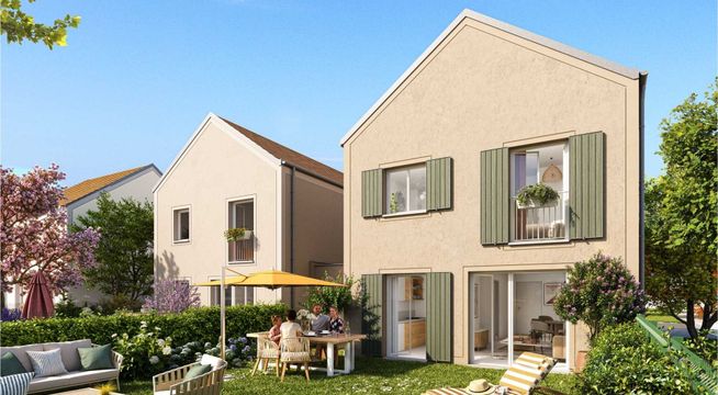 Maison moderne à deux étages avec façade claire, jardin paysagé et garage intégré.