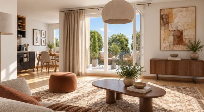 Salon lumineux avec mobilier en bois, baie vitrée sur jardin, tapis beige et table basse ronde.