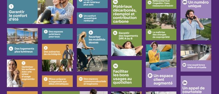 25 engagements qualité pour un service public, collage de photos colorées montrant des moments de travail et d'interaction sociale dans des contextes variés.