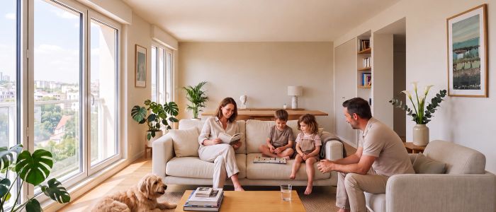 Famille de quatre personnes assise sur un canapé beige dans un salon lumineux avec grandes fenêtres.