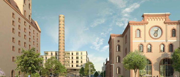 Rue urbaine avec bâtiments haussmanniens, tour en arrière-plan et ciel bleu nuageux.